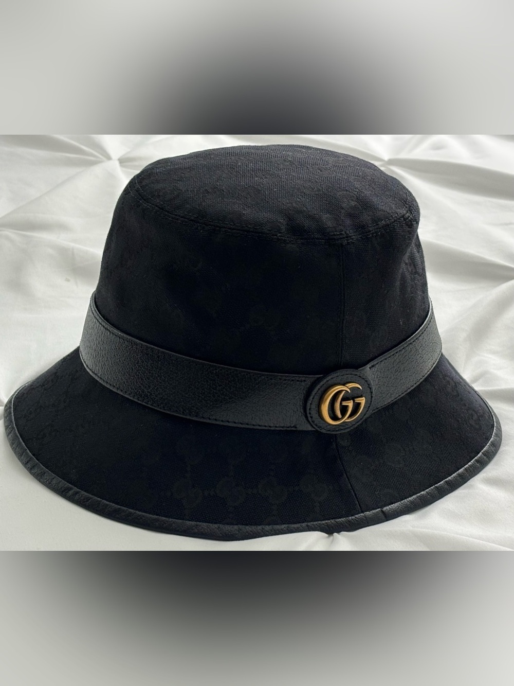 Gucci Black GG Leather-Trim Canvas Bucket Hat w/Gold GG, 58cm, VGUC - Picture 2 of 11